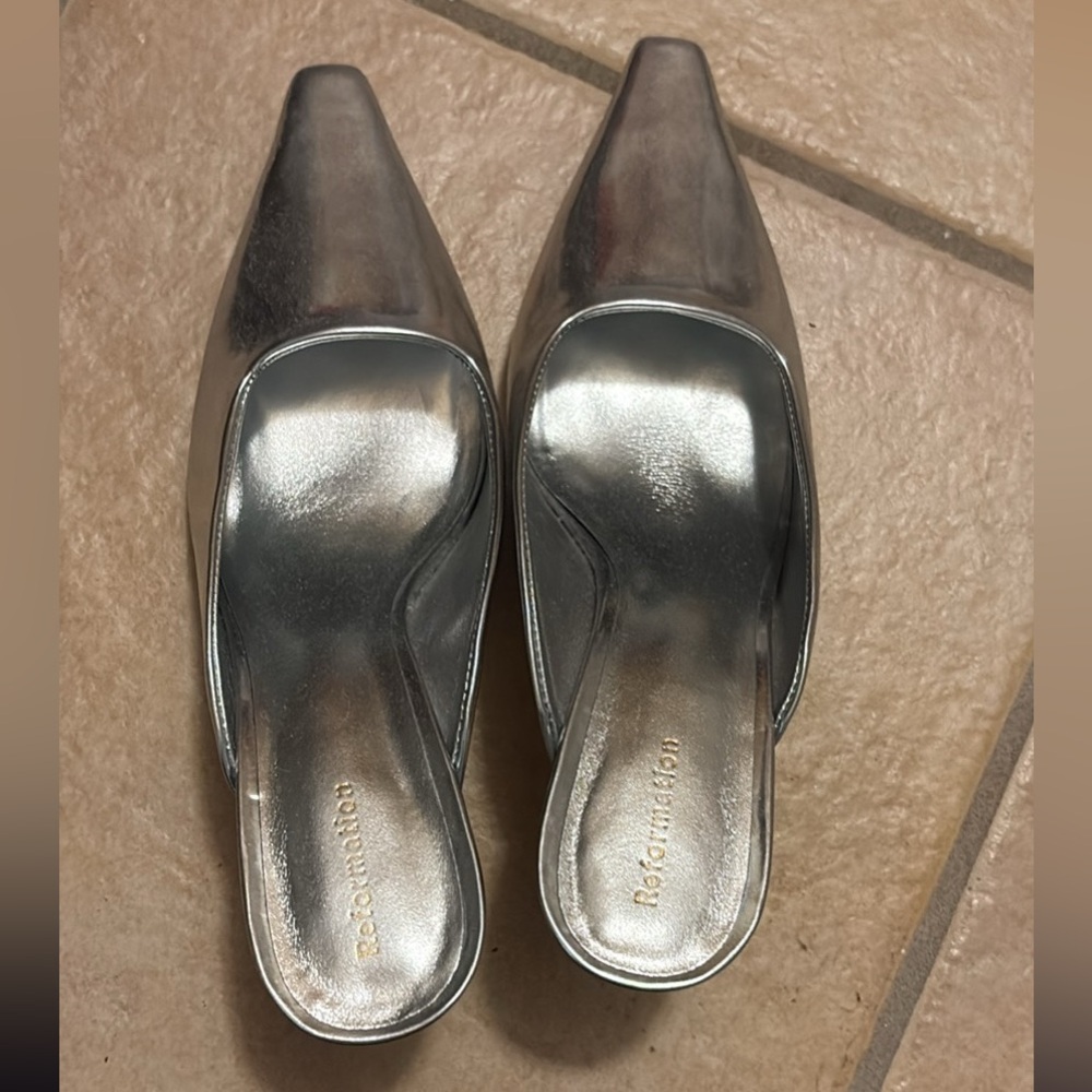 Reformation Metallic Silver Mules
